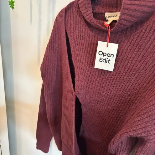 Open Edit  Mock Neck Wrap Look Ribbed Womens Sweater Burgundy Tannin Size S NWT
