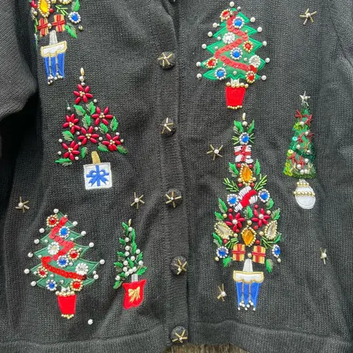 Victoria Jones 90s Embroidered Embellished Christmas Tree Ugly Cardigan Sweater
