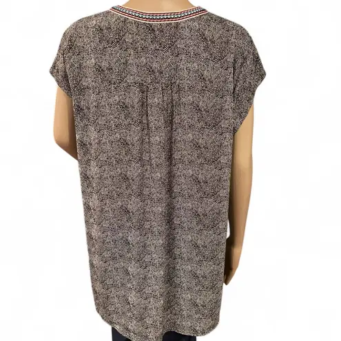 Daniel Rainn Black White Embroidered Boho Tunic Top Tassel Neck Tie Size XL