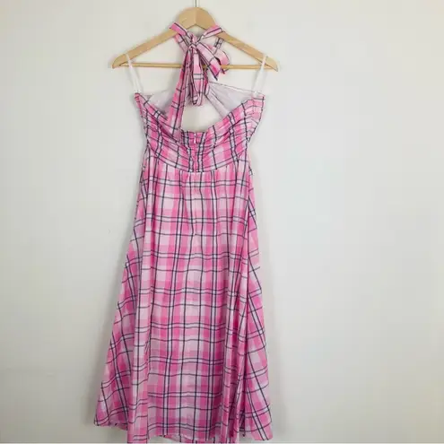 Majorelle ‘Florian’ midi dress in pink plaid w/ halter tie neck & bandeau top. S