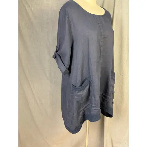 Lungo Livorno Blue Linen Oversized Pocket Tunic Top Easy Coastal Minimalist L Size L
