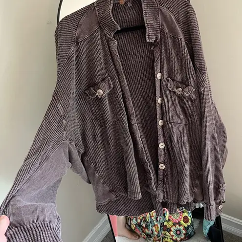 Free People  Purple Button-Up Waffle Knit Shirt