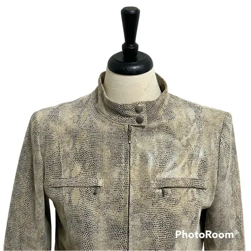 Alfani Beige Brown Gray Suede Leather Snake Pattern Zip Up Leather Jacket Medium