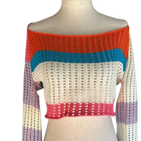 Women's Crochet Knit Sweater Mesh Crop Top Orange