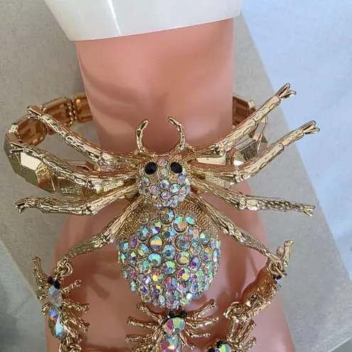 Boutique Unique Statement Gold Bracelet / Anklet with Attached Ring AB Spider Des…