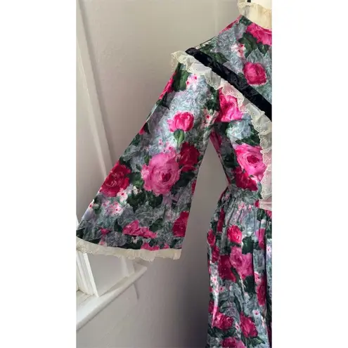 Handmade STUNNING Vintage Victorian Floral Dress Sun Hat Set Handbag Womens Sz S