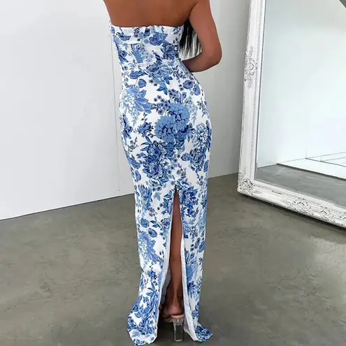 Commense Multi Floral Split Long Dress size M Blue Size M