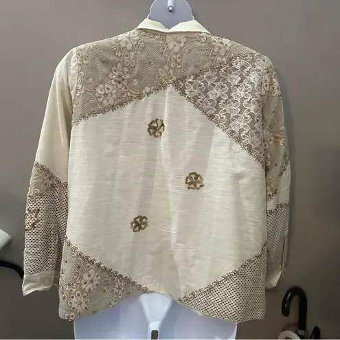 Elegant Cream and Gold Women's Jacket Indigo Moon Sequin VTG Floral Shoulderpads Size 1X