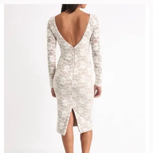 Dress the Population  Cream Backless Lace Body Con Long Sleeve Midi Dress XS