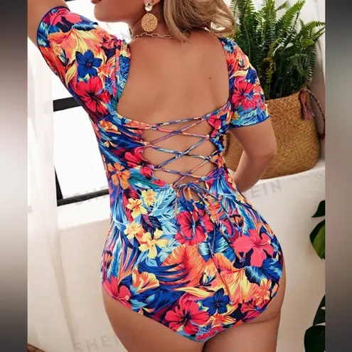 One Piece 4/$15 TROPICAL FLORAL OFF THE SHOULDER LACE UP BACK  SWIM SUIT