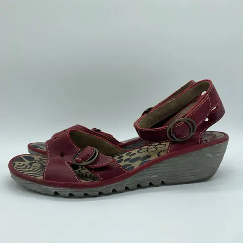 Fly London Red Strappy Wedge Sandal Boho Leather Buckle Strappy Women's size 41