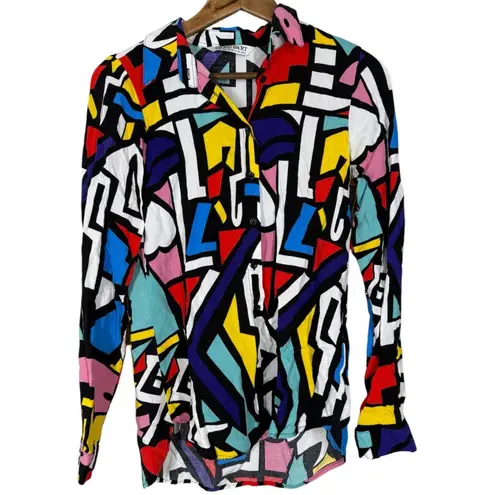 Vintage Big Dart Multicolored Button Up Shirt Womens Sz XS 70s Disco Retro Black