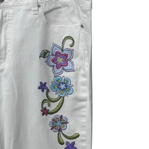 D. Jeans White Denim Floral Embroidered Hi Jeans Women Size 10 Straight Leg Boho Flower