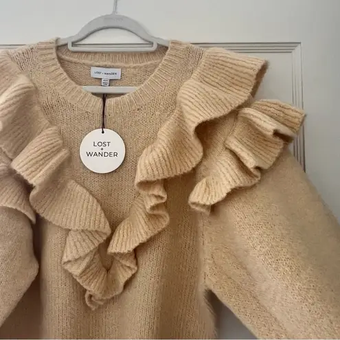 Lost + Wander Tan Ruffle Crewneck Oversized Relaxed Fit Sweater Size XS/S NWT