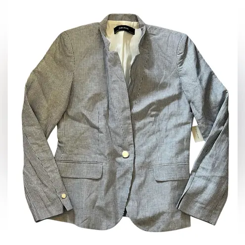 ZARA  Basic Blue and White Pin Stripe Linen Blend Blend Blazer | Medium NWT