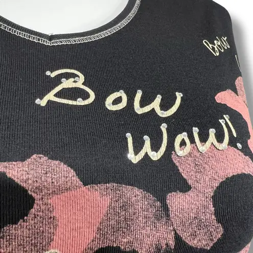 Jess & Jane Womens Bow Wow Dog Theme TShirt Top Long Sleeve Rhinestone Black Lrg Size L