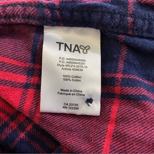 Aritzia TNA Hooded Plaid Boyfriend Fit Button Down Long Sleeve Red Navy XS Blue