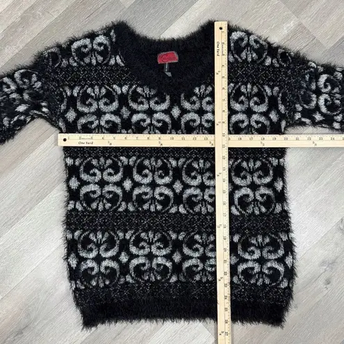 Celsius Premium Scroll Print Fuzzy Eyelash Knit Sweater Black XL