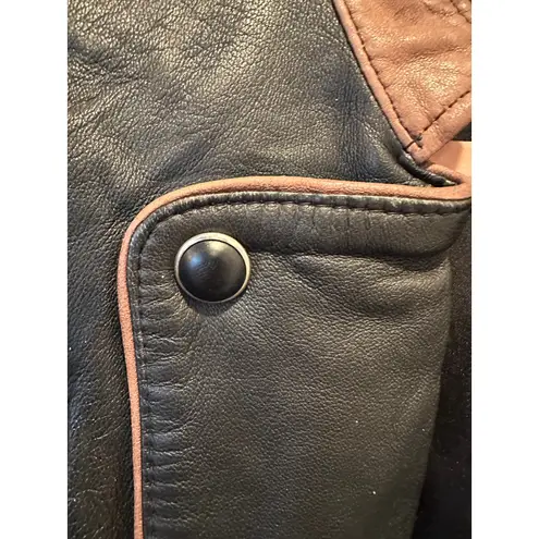 Vintage Butter Soft Black Leather Moto Jacket Brown Trim Quiet Luxury Minimalist Size L