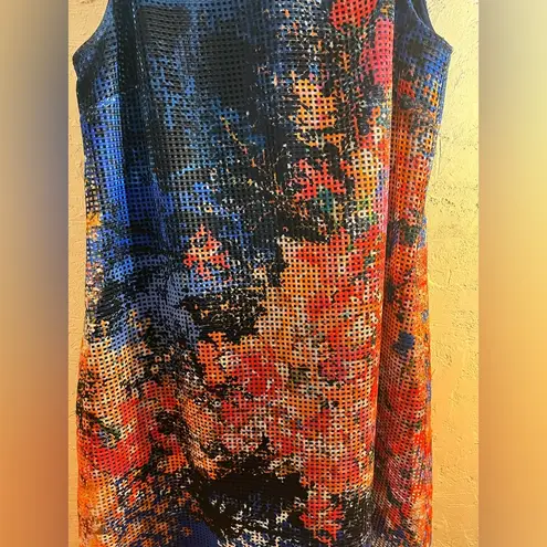 Julia Jordan Blue Orange Sheath Midi Dress Round Crew Neck Sleeveless w pockets