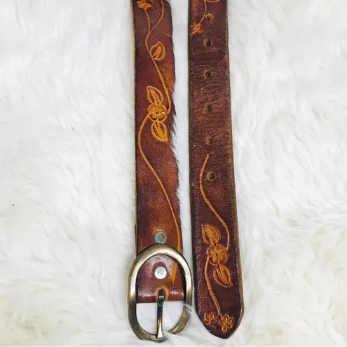 VINTAGE 90s Y2K Brown Tooled Leather Belt Brass Buckle Floral Sz 34 Small Medium