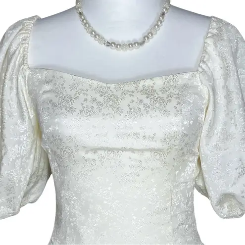 Vintage 80s Handmade Short Off White Retro Wedding Prom Dress Puff Sleeve Bow XS