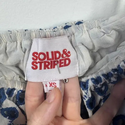 Solid & Striped Dress Women XS Blue White Eyelet Mini Ruffle Embroidery Preppy