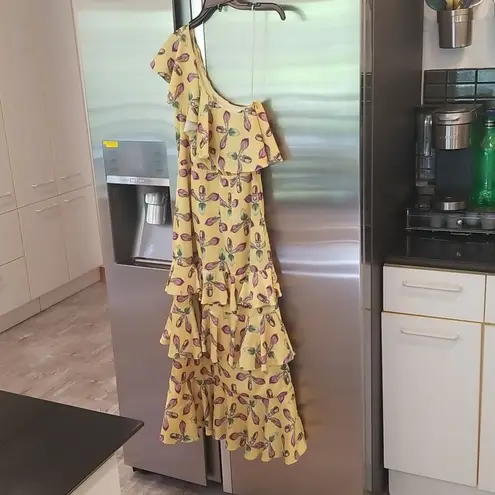 💕PATBO💕 One Shoulder Tiered Ruffle Midi Dress ~ Bright Yellow Print 8 NWT