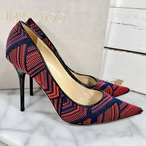 Jimmy Choo Red & Navy Geometric Pattern Woven Pointed Toe Heels