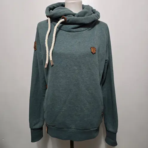 Naketano Darth Green Hoodie Owl Patch Cowl Neck Drawstring Large Sweatshirt