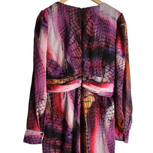 flor et.al Lauper Printed Chiffon Belted Long Sleeve Knee Length Dress Size 16