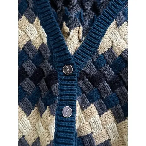 IZOD VINTAGE Hand Knit Cardigan Sweater Women XL Multicolor Chevron Weave Preppy