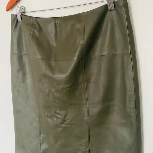 Worth New York Fern Green Leather Seamed Slim Zippered Lined Midi Skirt Luxe 10