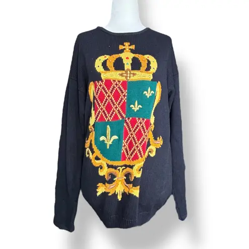 Vintage 90s Marisa Christina Black Knit Crewneck Crest Coat of Arms Sweater Blue Size M
