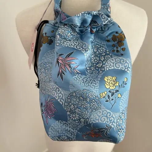 Gigi Chicago Blue Satin Floral Print Drawstring Bag NWT