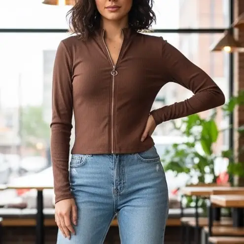 Shosho Brown Ribbed Zip Up Mock Neck Long Sleeve Crop Top Size S