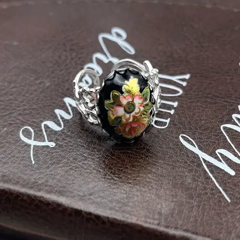 Vintage Floral Glass Cameo Ring | Adjustable Stainless Steel | Holiday Gift Black