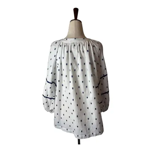 Tyler Boe Shirt Women Large White Blue Cotton Geo Molly Blouse Peasant Preppy