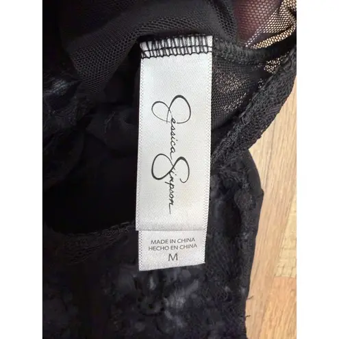 Jessica Simpson ‎ Black Lace Halter Bodysuit M – Floral Mesh Panel Back Keyhole