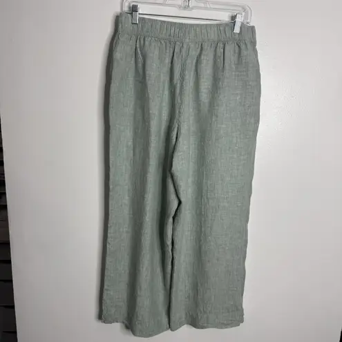 Tahari Women's 100% Linen Cropped Wide Leg Pull On Pants Green Elastic Waist LG - Image 4