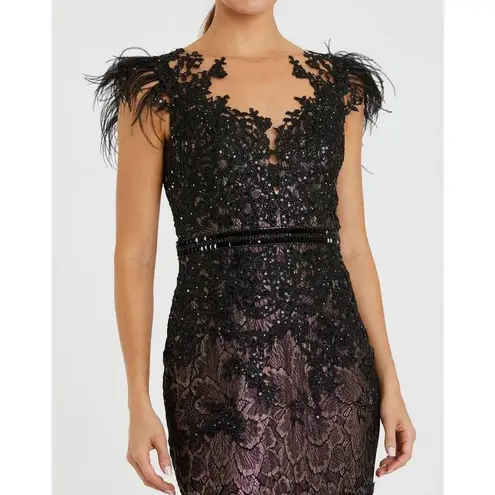 Mac Duggal Embellished Feather Cap Sleeve Illusion Neck Trumpet Gown Regular pr