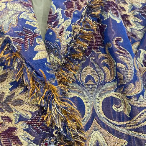 ICE Tapestry Brocade Jacket Size 12 Fringe Gold Navy Baroque Jeweled Buttons