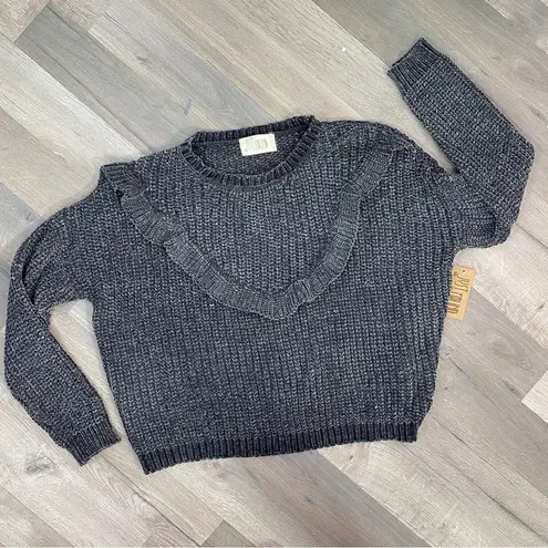 Just Found Ruffle Detail Chenille Sweater Gray Medium Crew Neck Waffle Knit