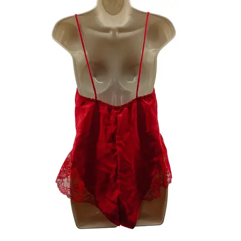 Vintage Glossy Lipstick Red Satin Lace Teddy Unlined Womens Medium
