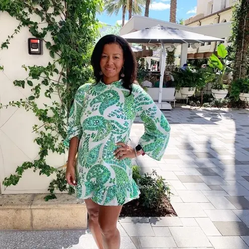 STAUD Green White Paisley Printed Three Quarter Sleeve Caroline Midi Dress sz 12