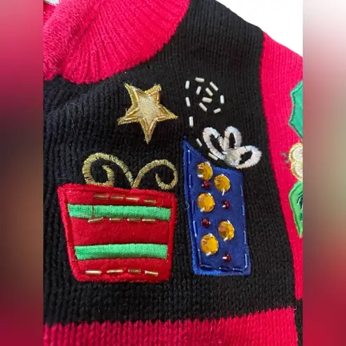 Tiara International Christmas Patchwork Embroidered Holiday Zip Up Knit Sweater