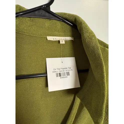 Etienne Aigner Etienne Olive Green Top Collared Long Sleeve Ruched Front Shirt Small