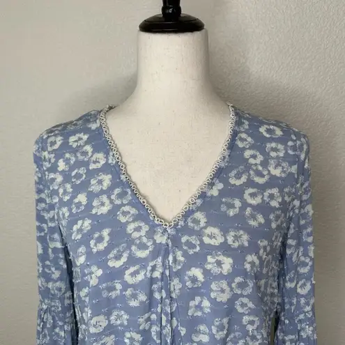 Everly  Floral Blue Front Tie Swiss Dot Flared Sleeves Top