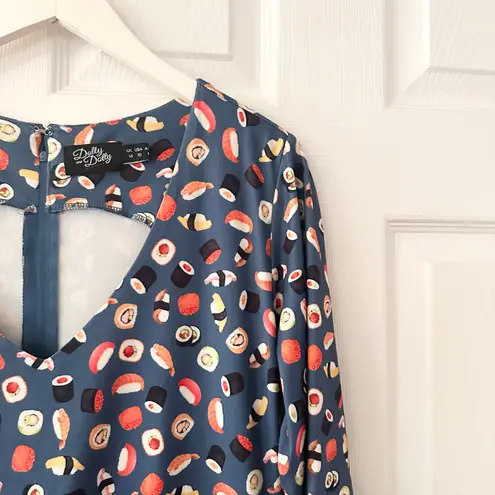 Dolly and Dotty Unique Vintage Billie Blue Sushi & Sashimi Flared Midi Dress 10