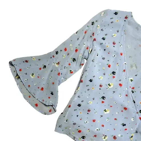 Ganni Serenity Blue Dainty Floral Georgette Wrap Top Blouse US S
